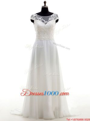 Cute Scoop White Empire Lace and Bowknot Wedding Gowns Backless Chiffon Sleeveless With Train