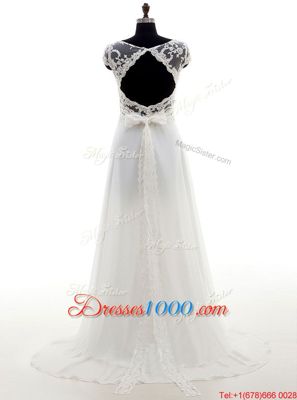 Cute Scoop White Empire Lace and Bowknot Wedding Gowns Backless Chiffon Sleeveless With Train