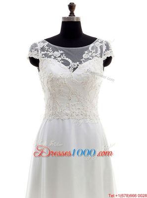 Cute Scoop White Empire Lace and Bowknot Wedding Gowns Backless Chiffon Sleeveless With Train