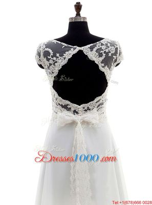Cute Scoop White Empire Lace and Bowknot Wedding Gowns Backless Chiffon Sleeveless With Train