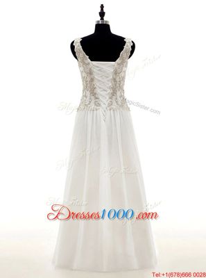 White Chiffon Lace Up Wedding Dresses Long Sleeves Floor Length Beading and Lace and Appliques