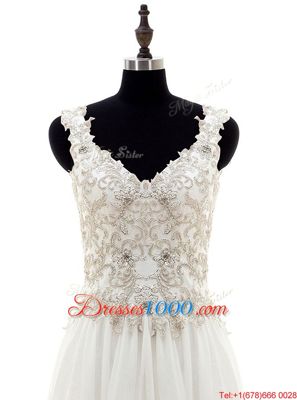 White Chiffon Lace Up Wedding Dresses Long Sleeves Floor Length Beading and Lace and Appliques