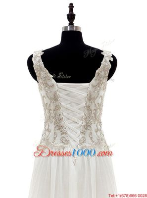 White Chiffon Lace Up Wedding Dresses Long Sleeves Floor Length Beading and Lace and Appliques