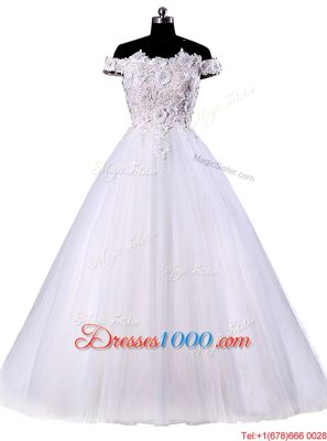 Inexpensive Tulle Off The Shoulder Sleeveless Lace Up Appliques Wedding Gowns in White