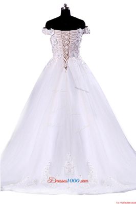 Inexpensive Tulle Off The Shoulder Sleeveless Lace Up Appliques Wedding Gowns in White