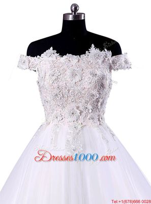 Inexpensive Tulle Off The Shoulder Sleeveless Lace Up Appliques Wedding Gowns in White