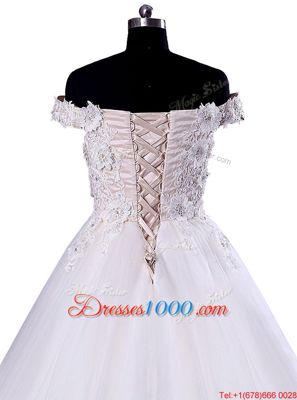 Inexpensive Tulle Off The Shoulder Sleeveless Lace Up Appliques Wedding Gowns in White