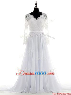 White Chiffon Backless Wedding Gowns Long Sleeves With Brush Train Lace