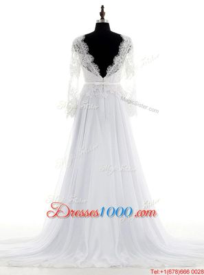 White Chiffon Backless Wedding Gowns Long Sleeves With Brush Train Lace