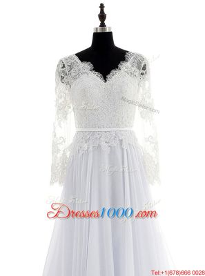 White Chiffon Backless Wedding Gowns Long Sleeves With Brush Train Lace