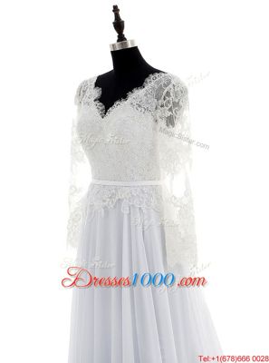 White Chiffon Backless Wedding Gowns Long Sleeves With Brush Train Lace