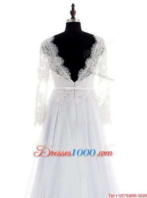 White Chiffon Backless Wedding Gowns Long Sleeves With Brush Train Lace