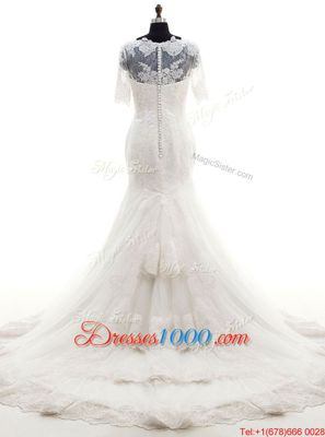 Mermaid Half Sleeves Tulle With Train Court Train Clasp Handle Wedding Gowns in White for with Lace and Appliques