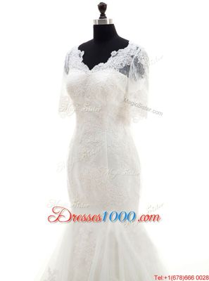 Mermaid Half Sleeves Tulle With Train Court Train Clasp Handle Wedding Gowns in White for with Lace and Appliques