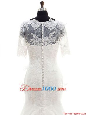 Mermaid Half Sleeves Tulle With Train Court Train Clasp Handle Wedding Gowns in White for with Lace and Appliques