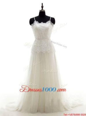 Spaghetti Straps Sleeveless Wedding Gown With Brush Train Lace White Tulle