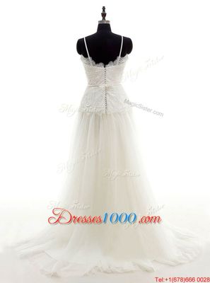 Spaghetti Straps Sleeveless Wedding Gown With Brush Train Lace White Tulle