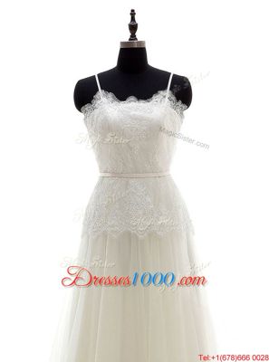 Spaghetti Straps Sleeveless Wedding Gown With Brush Train Lace White Tulle