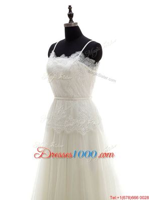 Spaghetti Straps Sleeveless Wedding Gown With Brush Train Lace White Tulle