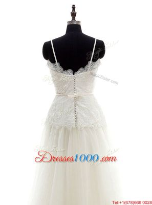 Spaghetti Straps Sleeveless Wedding Gown With Brush Train Lace White Tulle