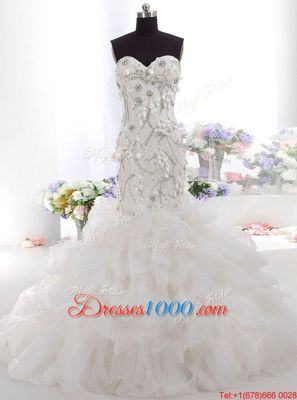 Glorious Mermaid Zipper Bridal Gown White and In for Wedding Party with Beading and Appliques Brush Train
