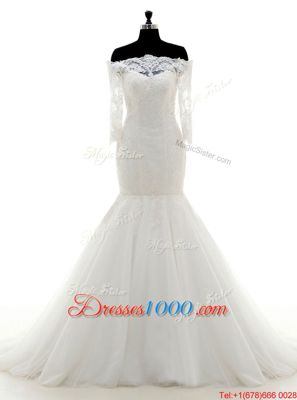 Mermaid White Clasp Handle Off The Shoulder Lace Wedding Gown Tulle Half Sleeves Brush Train