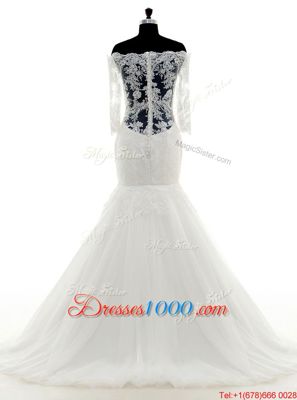 Mermaid White Clasp Handle Off The Shoulder Lace Wedding Gown Tulle Half Sleeves Brush Train