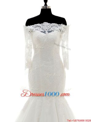 Mermaid White Clasp Handle Off The Shoulder Lace Wedding Gown Tulle Half Sleeves Brush Train