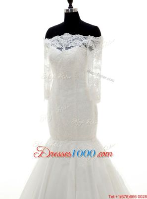 Mermaid White Clasp Handle Off The Shoulder Lace Wedding Gown Tulle Half Sleeves Brush Train