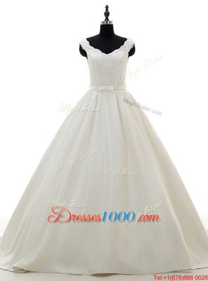 Best White A-line Lace and Belt Wedding Dress Zipper Satin Sleeveless