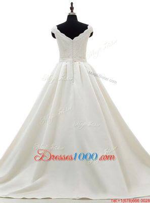 Best White A-line Lace and Belt Wedding Dress Zipper Satin Sleeveless