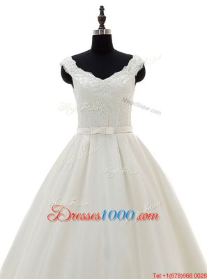 Best White A-line Lace and Belt Wedding Dress Zipper Satin Sleeveless