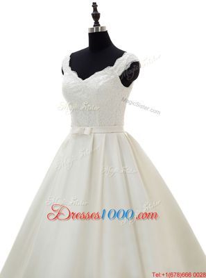 Best White A-line Lace and Belt Wedding Dress Zipper Satin Sleeveless