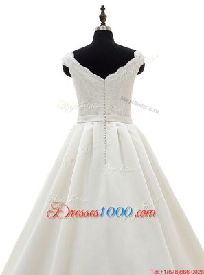 Best White A-line Lace and Belt Wedding Dress Zipper Satin Sleeveless