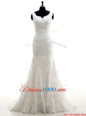 Mermaid White Sleeveless With Train Lace Clasp Handle Wedding Gown