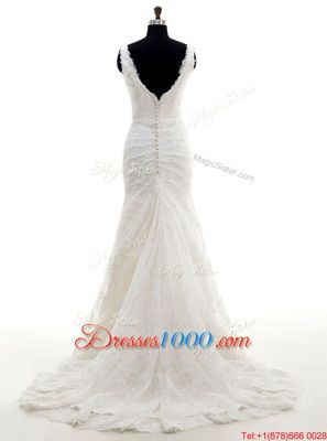 Mermaid White Sleeveless With Train Lace Clasp Handle Wedding Gown
