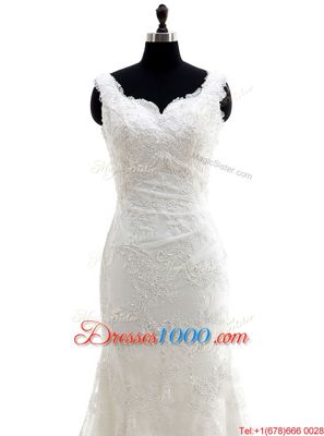 Mermaid White Sleeveless With Train Lace Clasp Handle Wedding Gown
