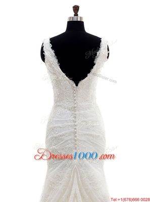 Mermaid White Sleeveless With Train Lace Clasp Handle Wedding Gown