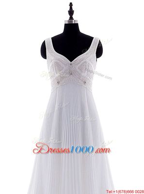 Beading and Pleated Wedding Gown White Zipper Sleeveless With Brush Train