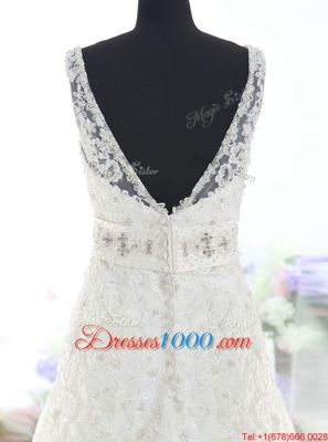 Elegant White V-neck Neckline Beading and Lace Wedding Gown Sleeveless Backless