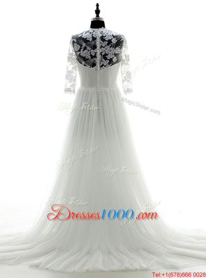 Fashion White Wedding Gowns Wedding Party and For with Appliques Sweetheart 3|4 Length Sleeve Brush Train Zipper