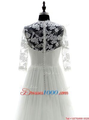Fashion White Wedding Gowns Wedding Party and For with Appliques Sweetheart 3|4 Length Sleeve Brush Train Zipper