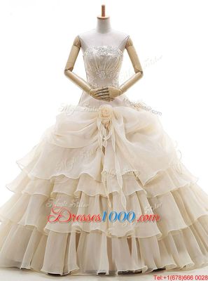 Champagne Organza Lace Up Strapless Sleeveless Floor Length Bridal Gown Appliques and Ruffled Layers and Pick Ups and Hand Made Flower