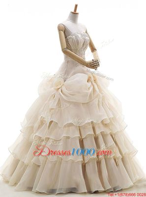 Champagne Organza Lace Up Strapless Sleeveless Floor Length Bridal Gown Appliques and Ruffled Layers and Pick Ups and Hand Made Flower