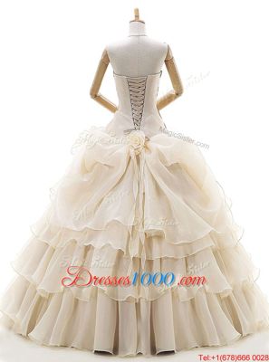 Champagne Organza Lace Up Strapless Sleeveless Floor Length Bridal Gown Appliques and Ruffled Layers and Pick Ups and Hand Made Flower