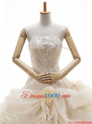 Champagne Organza Lace Up Strapless Sleeveless Floor Length Bridal Gown Appliques and Ruffled Layers and Pick Ups and Hand Made Flower