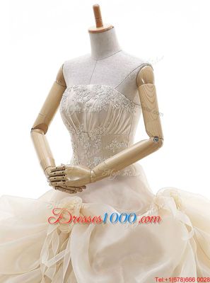 Champagne Organza Lace Up Strapless Sleeveless Floor Length Bridal Gown Appliques and Ruffled Layers and Pick Ups and Hand Made Flower
