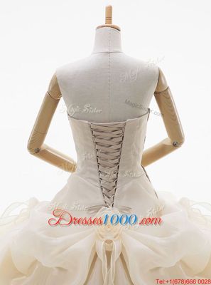 Champagne Organza Lace Up Strapless Sleeveless Floor Length Bridal Gown Appliques and Ruffled Layers and Pick Ups and Hand Made Flower