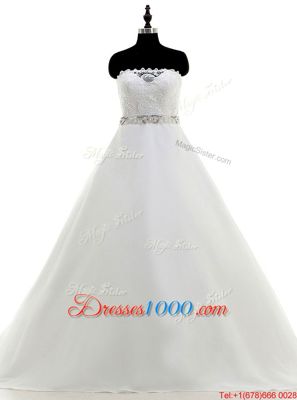 Modern White Sleeveless With Train Beading and Lace Backless Wedding Dress