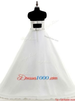 Modern White Sleeveless With Train Beading and Lace Backless Wedding Dress